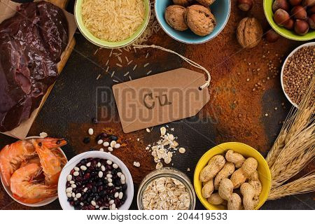 Food rich of copper Cu. Healthy diet for high hemoglobin, against varicose and anemia. Top view