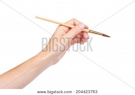 Paint Brush In Hand Isolated On White Background