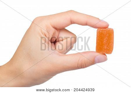 Various Color Of Fruity Gummy Jelly Candies In Hand Isolated On White Background
