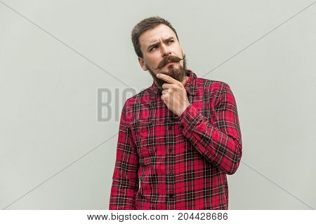 Choosing. Creativity Businessman With Beard And Mustache Looking Up And Thinking