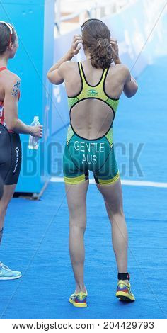 STOCKHOLM - AUG 26 2017: Female triathlete Ashleig Gentle talking to Flora Duffy after the finish in the Women's ITU World Triathlon series event August 26 2017 in Stockholm Sweden