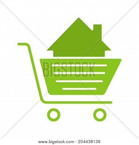 Shopping cart with house glyph color icon. Property purchase. Silhouette symbol on white background. Negative space. Vector illustration