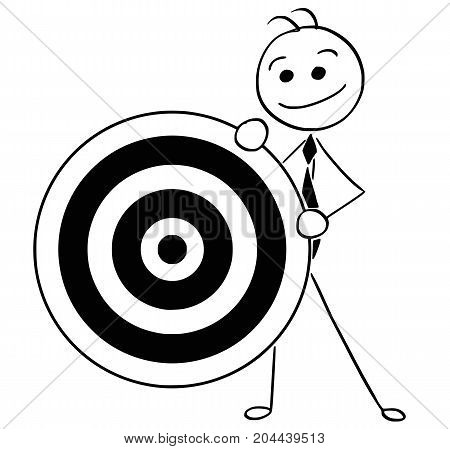 Cartoon Illustration Of Smiling Business Man Holding Dartboard Target