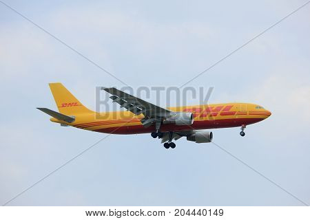 Amsterdam the Netherlands - July 20th 2017: D-AEAE EAT DHL Leipzig Airbus A300 approaching Schiphol Amsterdam Airport Polderbaan runway