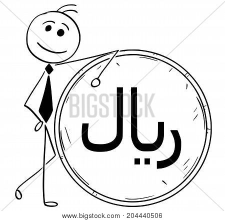 Cartoon Illustration Of Smiling Business Man Leaning On Large Riyal Coin