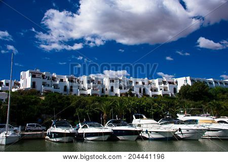 Cala d'Or Mallorca boat yard with blue sky