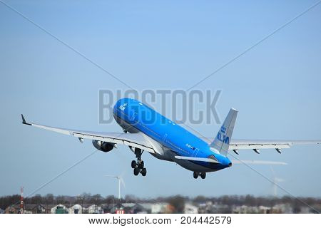Amsterdam the Netherlands - March 25th 2017: PH-AKA KLM Royal Dutch Airlines Airbus A330-300 takeoff from Polderbaan runway.