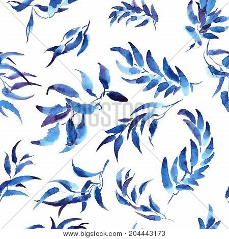Pattern hand drawing watercolor blue and purple leaves ornament