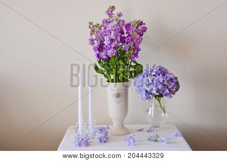 Still-Life with blue Hortensia Flowers in glass vase