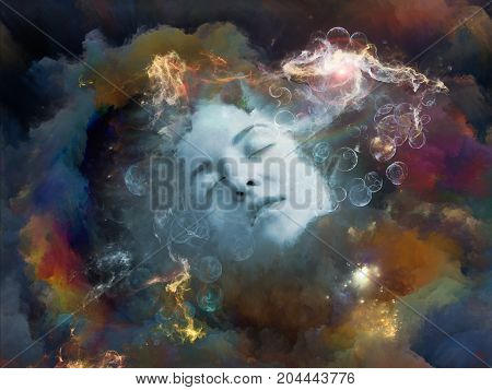 Will Universe Remember Me series. Arrangement of human face and fractal smoke nebula on the subject of human mind imagination memory and dreams