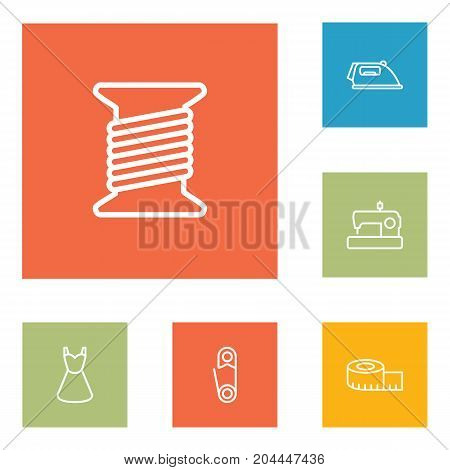 Collection Of Bobbin, Safety Pin, Iron And Other Elements.  Set Of 6 Stitch Outline Icons Set.