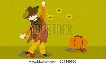 Girl wears fashion in Autumn scene with pumpkin