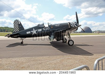 AKRON USA - SEPT 9: Goodyear FG-1D Corsair at Props and Pistons Airshow taking place at the Akron Fulton International Airport