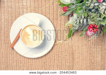 Cup Of Coffee Or Chai Tea With Latte Art And Christmas Decor. Leasure Time Concept. Pastel Colors