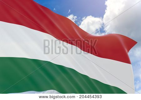 3D Rendering Of Hungary Flag Waving On Blue Sky Background