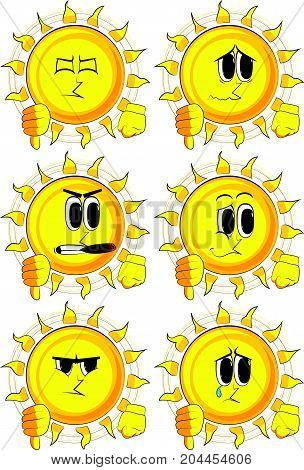 Cartoon sun showing dislike hand sign. Collection with sad faces. Expressions vector set.