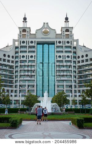 POMORIE BULGARIA - AUGUST 18 2017: The multi-storey facade of the modern five-star hotel Seaside Resort.