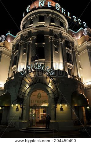 Nice, France - October 2012: Illuminated exterior of Hotel Negresco in Nice, France in October 2012