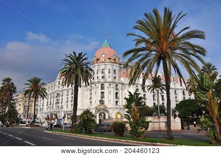 Nice, France - October 2012: Exterior of famous Hotel Negresco on Promenade des Anglais in Nice, France