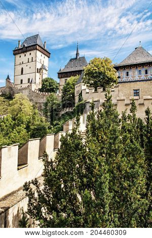 Karlstejn is a large gothic castle founded 1348 by Charles IV in Czech republic. Photo filter.