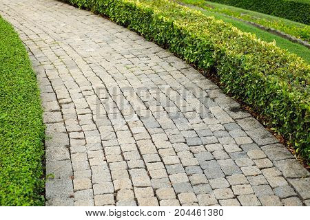 The old vintage rough brick walkway (footpath sidewalk) and shrubs in the garden for street background or texture - construction concept.