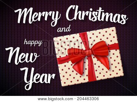 Illustration of Vector Marry Christmass Greeting Card. Realistic Gift Box with Red Ribbon on Kneeted Pattern Background