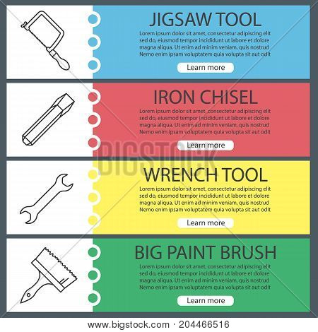 Construction tools web banner templates set. Jigsaw, iron chisel, wrench, paint brush. Website color menu items with linear icons. Vector headers design concepts