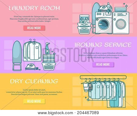 Vector set of laundry horizontal banners. Laundry room, Ironing service and Dry cleaning creative linear style design elements for web sites, web banners and printed materials.