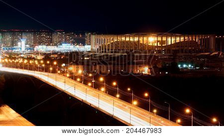 NIZHNY NOVGOROD. RUSSIA - September 2017. Night view of the new stadium and the Canavinsky Bridge.The new stadium for the World Cup 2018 in Nizhny Novgorod.