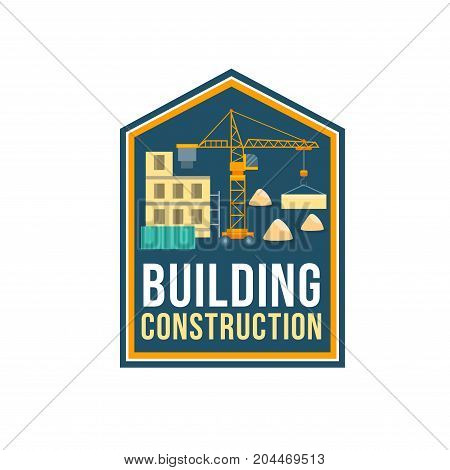 Construction company symbol of building site with crane, construction material and panel house. Home building, architecture and planning work themes design