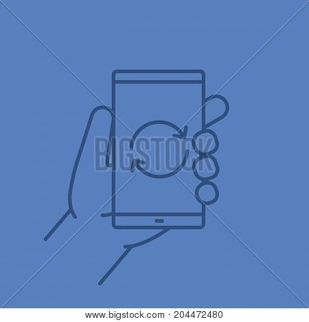 Hand holding smartphone linear icon. Smart phone restart. Thin line outline symbols on color background. Vector illustration