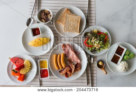 top view of big breakfast and some fruits