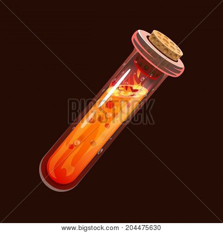 Bottle of fire. Game icon of magic elixir. Interface for rpg or match3 game. Small variant. Fire, energy, lava, flame. Vector illustration