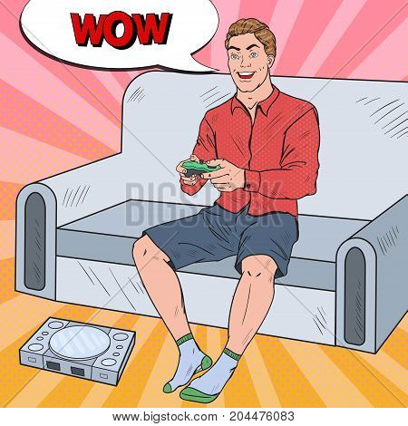 Pop Art Guy Playing Videogame on a Game Console. Computer Gaming. Vector illustration