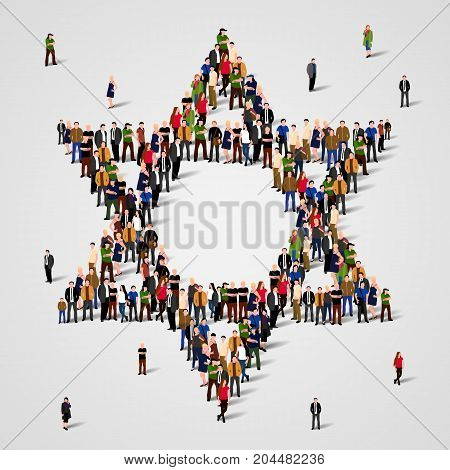 Large group of people in the Star of David shape. Judaism sign. Jewish background. Religious symbol. Vector illustration