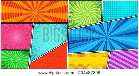 Comic book page background with radial, dotted, halftone effects, circles, slanted lines in pop-art style. Blank horizontal template. Vector illustration