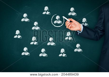 Recruit and hire human resources (HR) concept. Marketing segmentation, targeting, personalization, individual customer care (service), customer relationship management (CRM) and leader concepts.