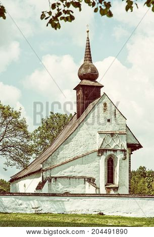 Chapel of Our Mother God near Veveri castle Moravia Czech republic. Travel destination. Religious architecture. Retro photo filter.