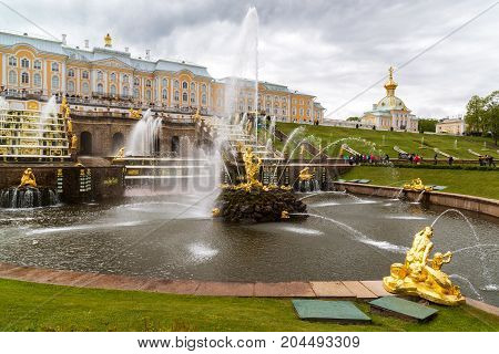 Peterhof, Russia - June 03. 2017. View of the large cascade fountain in Peterhof