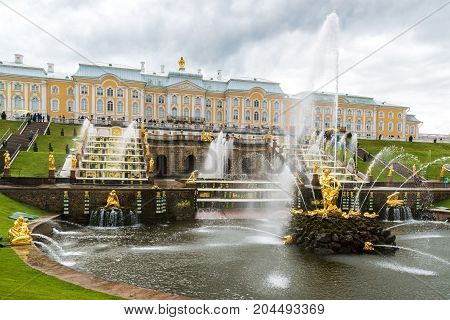 Peterhof, Russia - June 03. 2017. View of the large cascade fountain in Peterhof