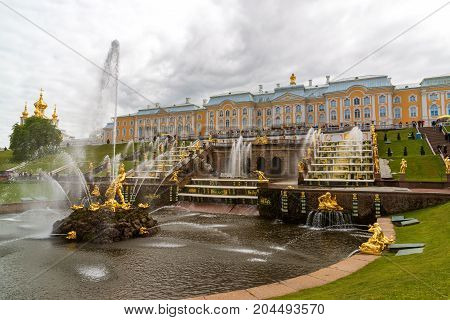 Peterhof, Russia - June 03. 2017. View of the large cascade fountain in Peterhof