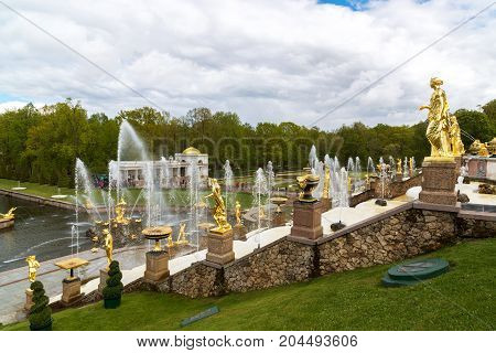 Peterhof, Russia - June 03. 2017. View of the large cascade fountain in Peterhof