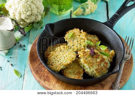 Vegetable Pancakes. Fried Vegetarian Cutlets Or Fritters On A Kitchen Wooden Table. The Concept Of D