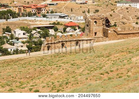 Sudak, Crimea - 12 July, The tower of the Corrado Chigalo of the Genoese fortress, 12 July, 2017.
Genoese ancient fortress near the city of Sudak.