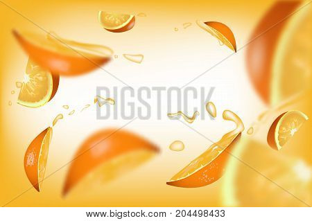 The confluence. Orange slices with juice drops and blur effect. Vector illustration.