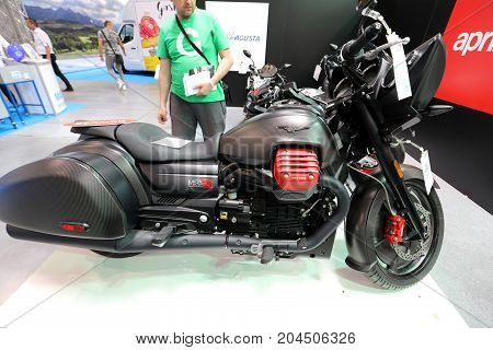CRACOW POLAND - MAY 20 2017: Moto Guzzi MGX 21 motorcycle displayed at MOTO SHOW in Krakow. Poland. Exhibitors present most interesting aspects of the automotive industry