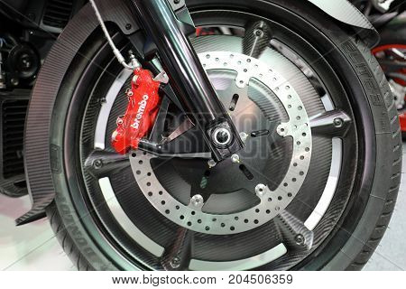 CRACOW POLAND - MAY 20 2017: The wheel of Moto Guzzi MGX 21 displayed at MOTO SHOW in Cracow Poland. Exhibitors present most interesting aspects of the automotive industry