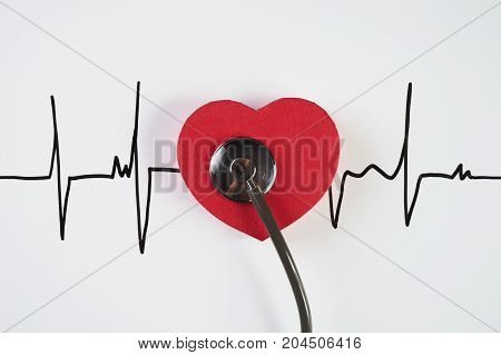 Medical Stethoscope And Red Heart With Cardiogram