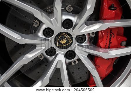 CRACOW POLAND - MAY 20 2017: The wheel of Lambroghini displayed at MOTO SHOW in Cracow Poland. Exhibitors present most interesting aspects of the automotive industry