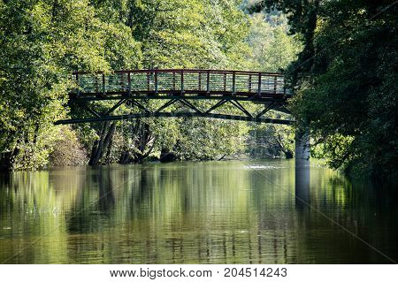 Bridge Over The Lake, River. Beautiful Autumn Season.